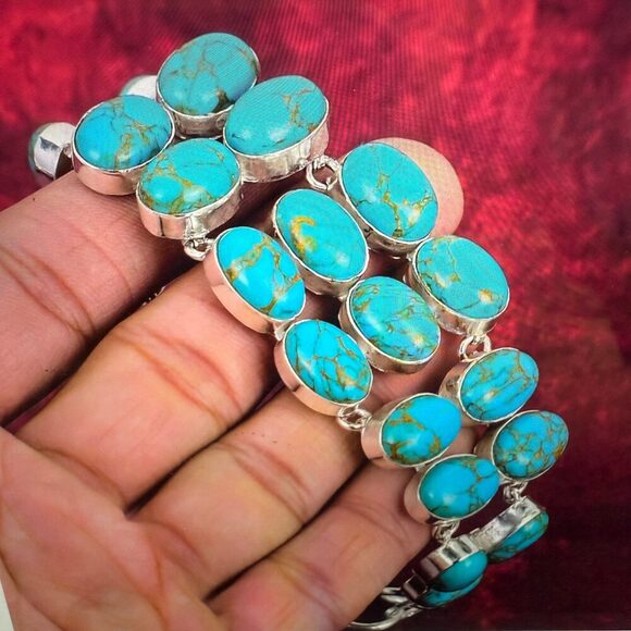 Blue Copper Dahlia Turquoise Gemstone Sterling Bracelet - Picture 10 of 10